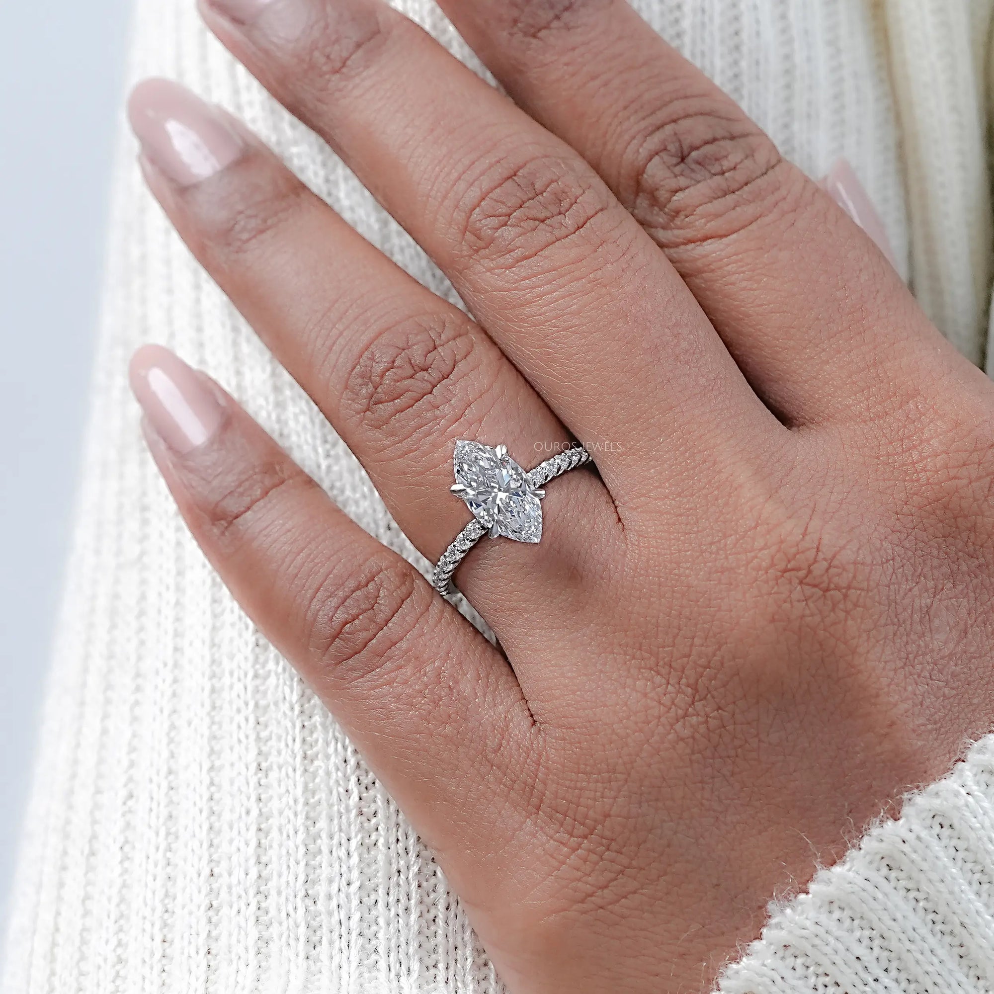 Marquise Diamond Solitaire Accent Hidden Halo Engagement Ring Rings