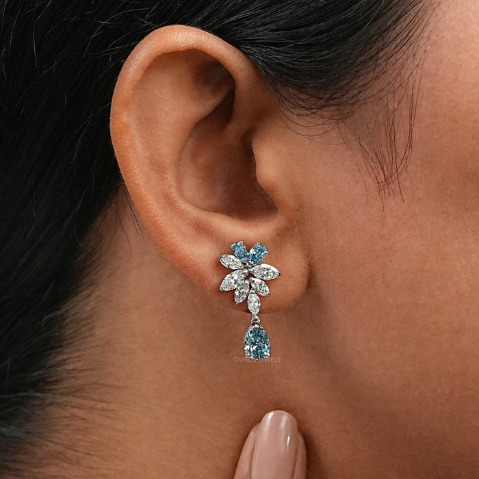 Blue Pear Diamond Cluster Drop Earrings Earrings