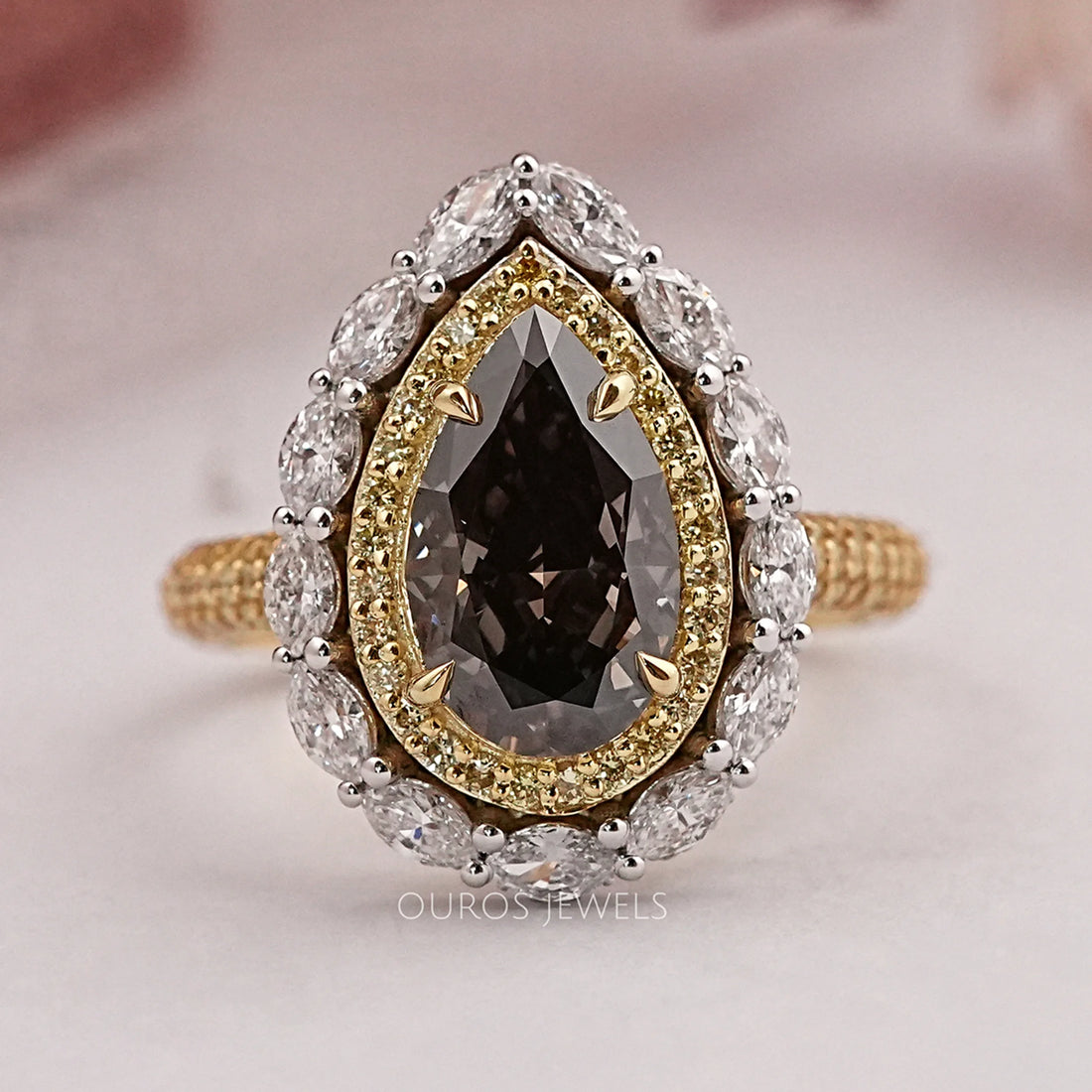 Champagne Pear Cut Double Halo Engagement Ring Rings