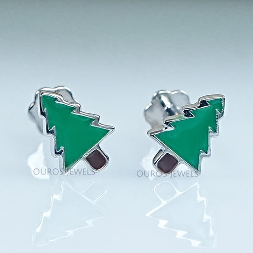 Green Enamel Christmas Tree Earrings For Kids