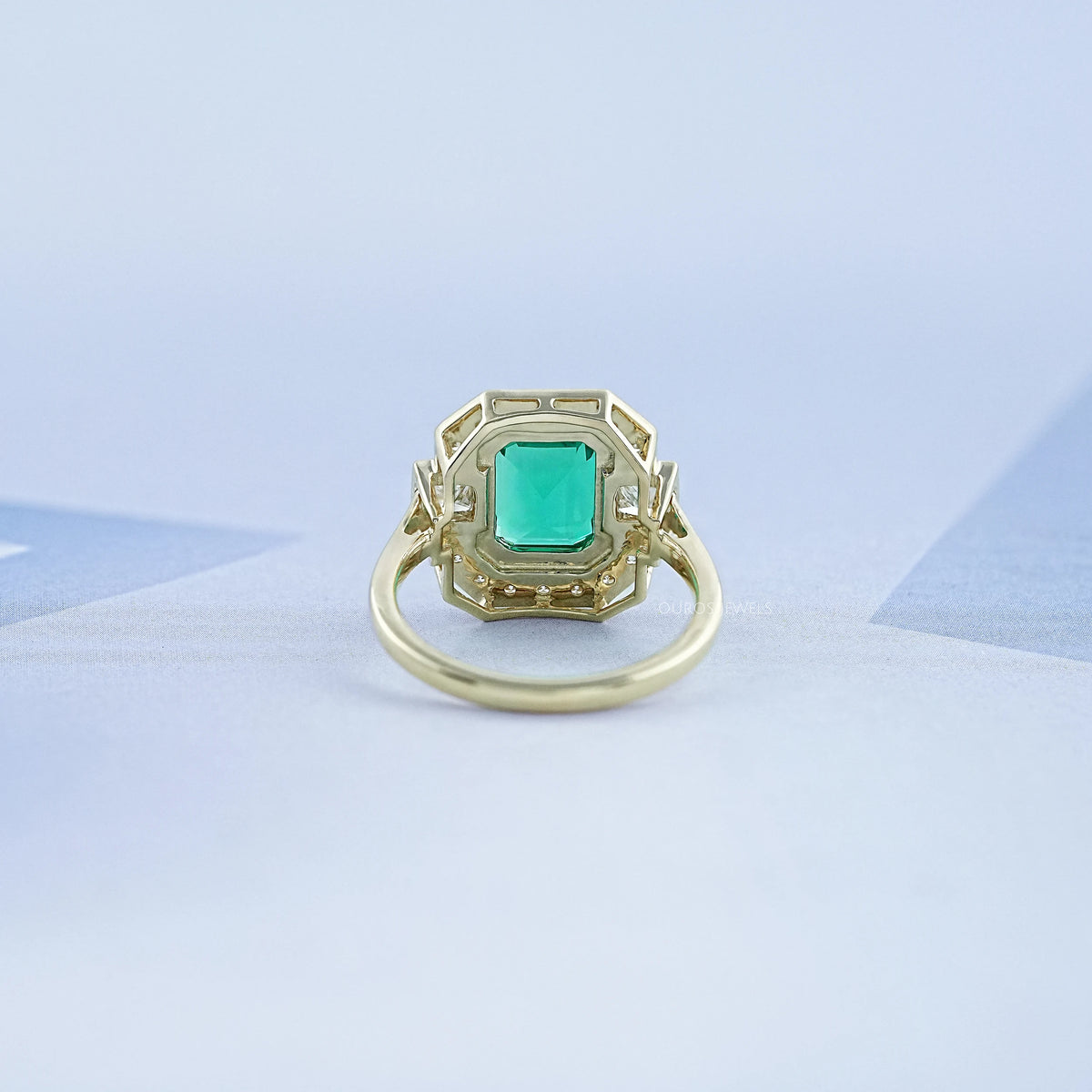 Three Stone Emerald Gemstone Halo Ring Ring