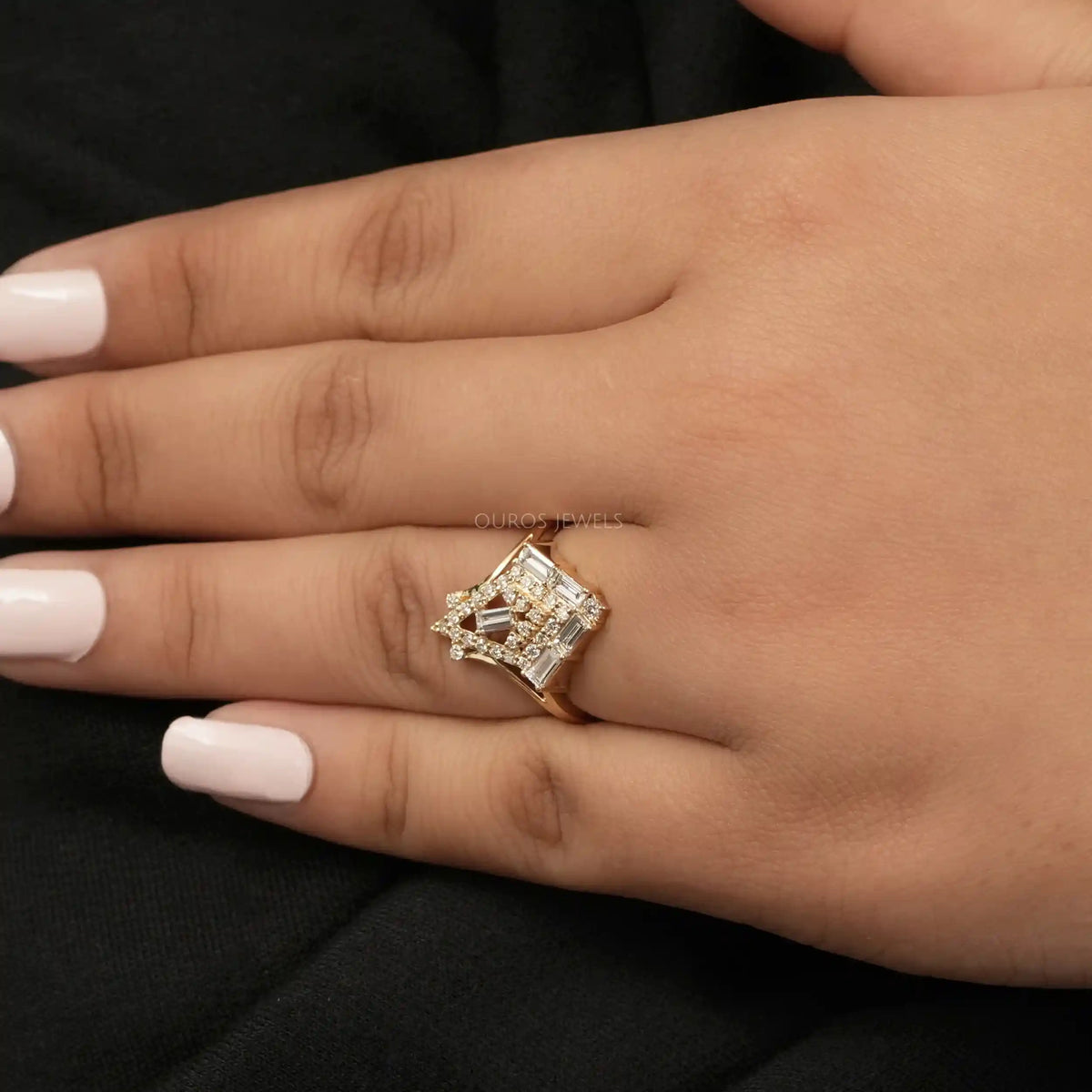 Baguette And Round Cut Lab Diamond Chevron Ring