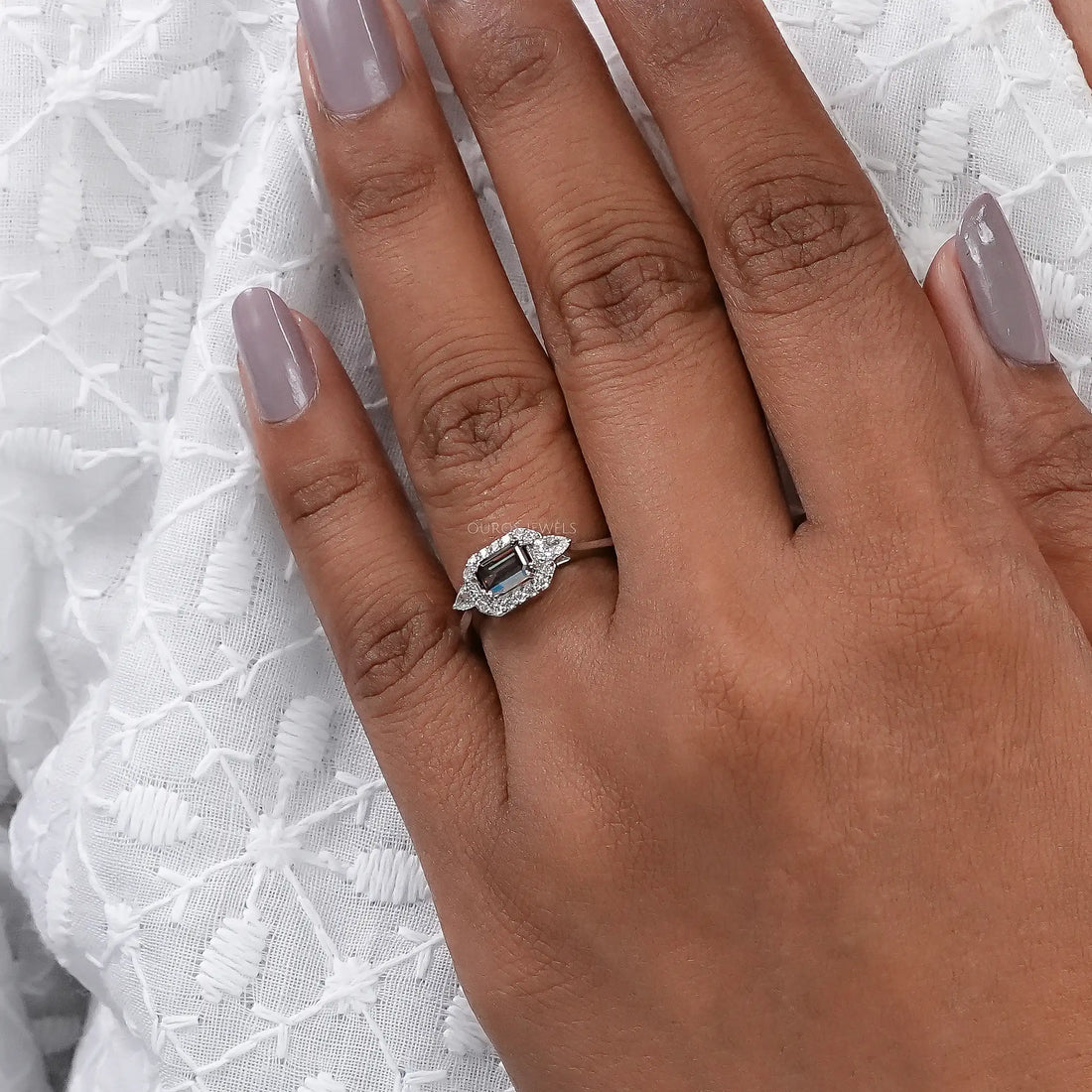 Champagne Emerald Shape Three Stone Engagement Ring Rings
