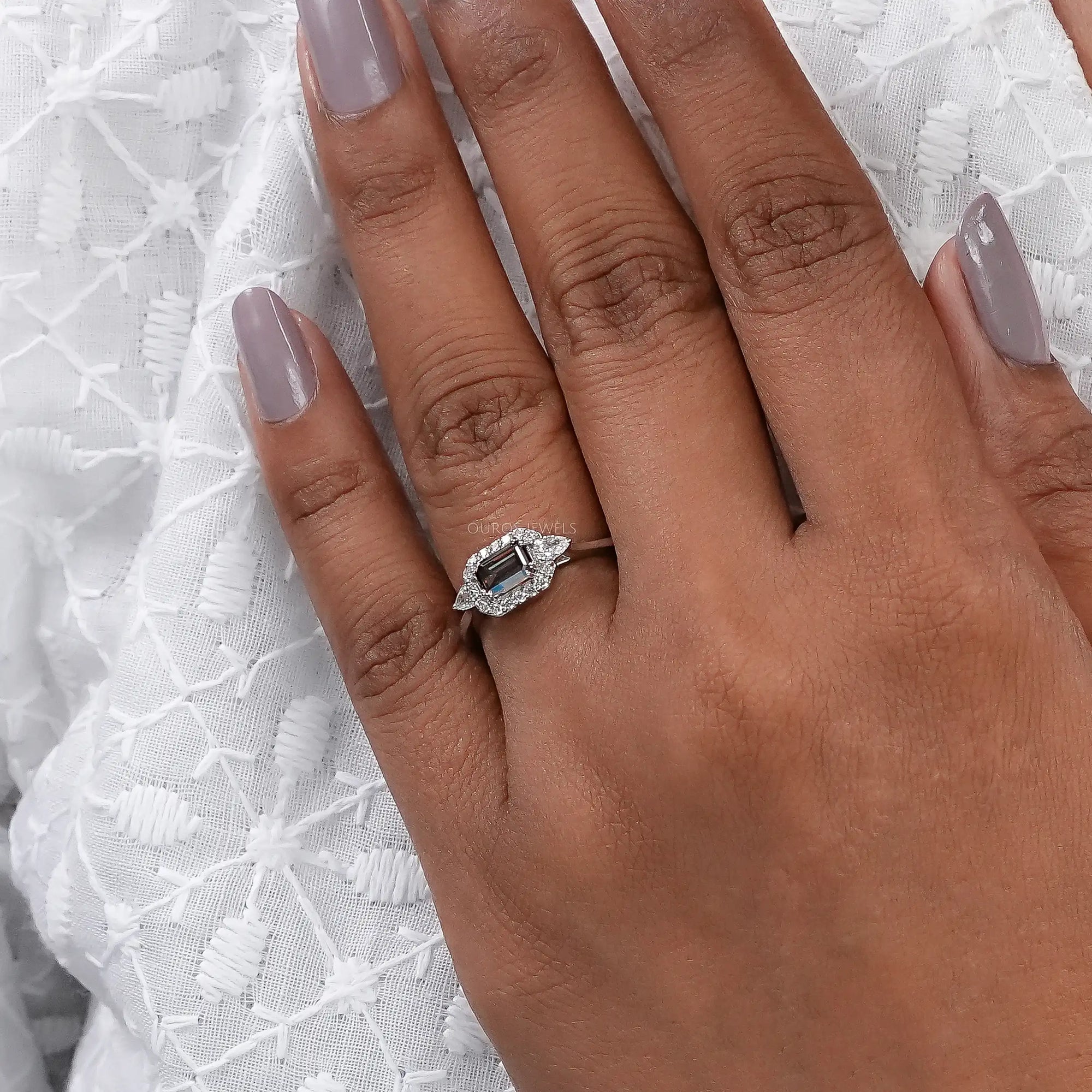 Champagne Emerald Shape Three Stone Engagement Ring Rings