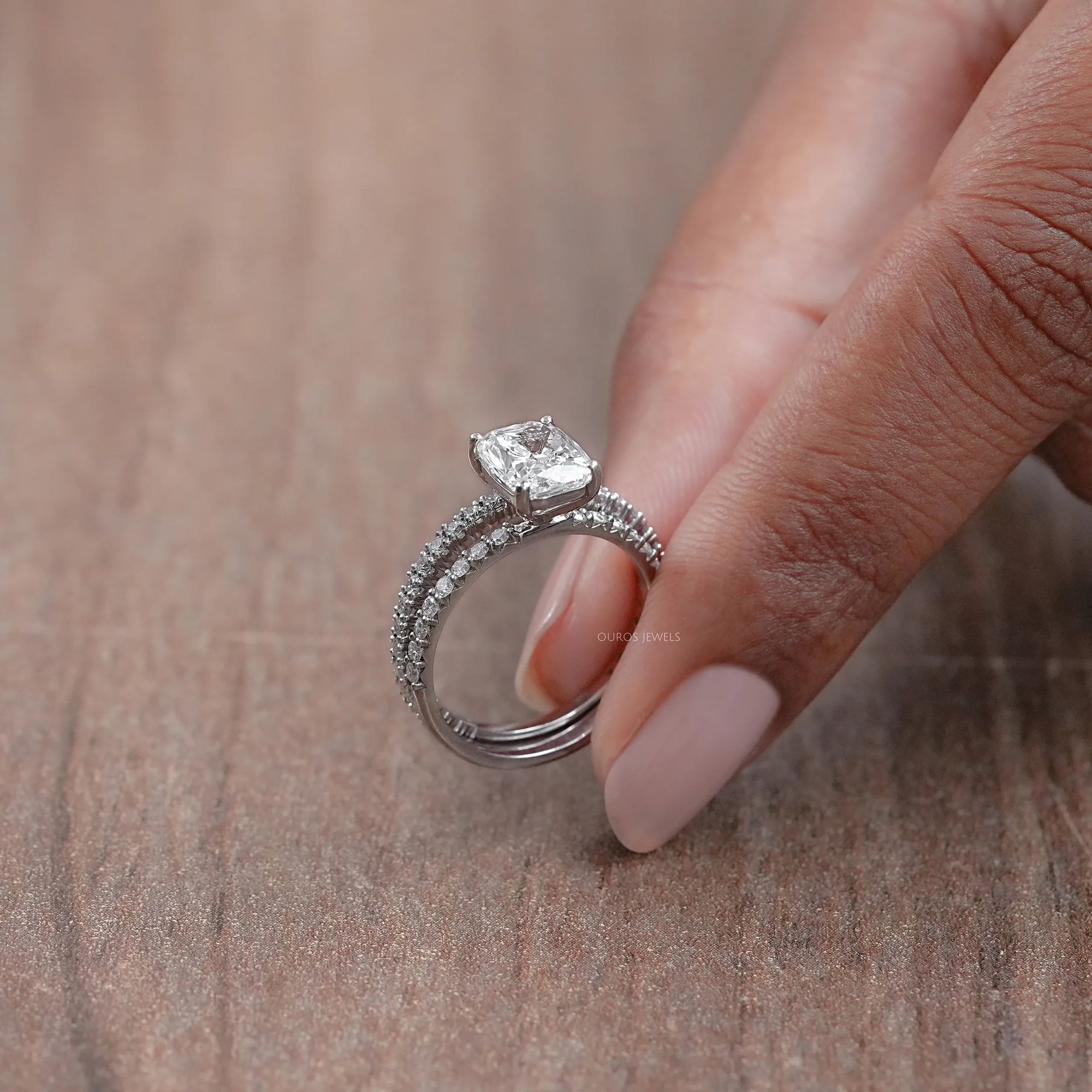 Elongated Cushion Cut Solitaire Accent Bridal Ring Set Rings