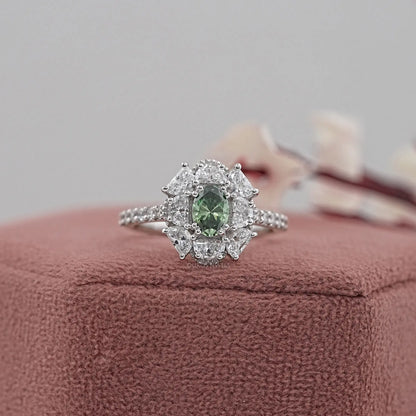 Green Oval Cut Half Moon Halo Engagement Ring Rings