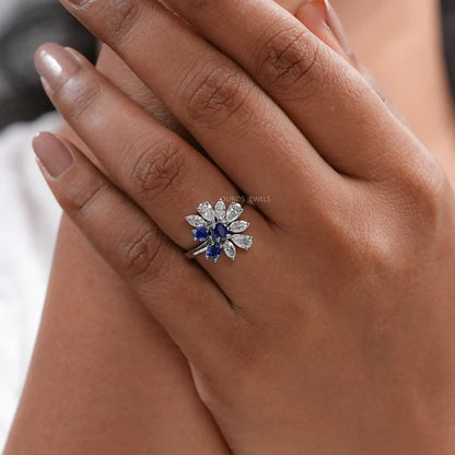 Blue Sapphire Oval Cut Gemstone Cluster Ring Ring