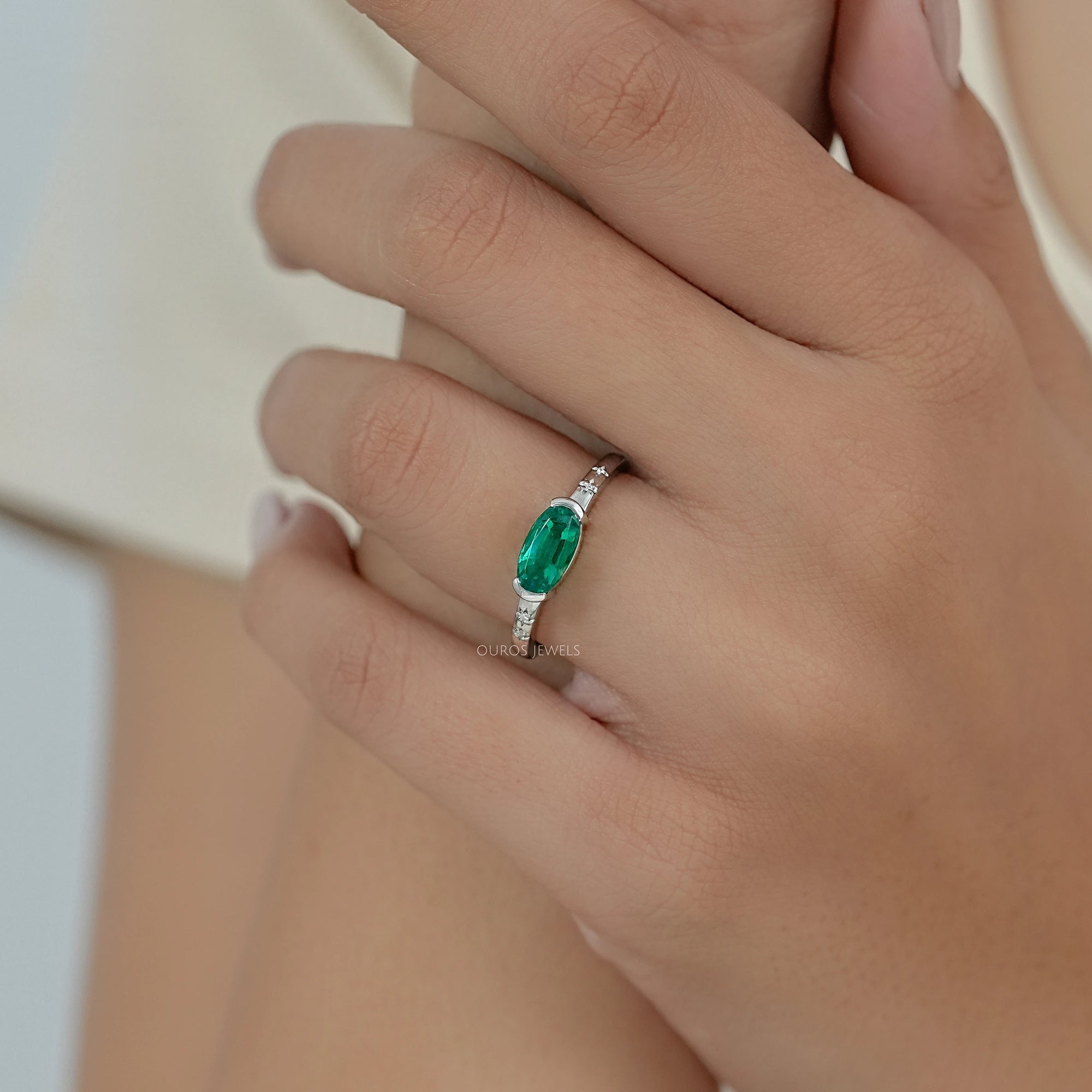 Green East West Oval Gemstone Accent Engagement Ring