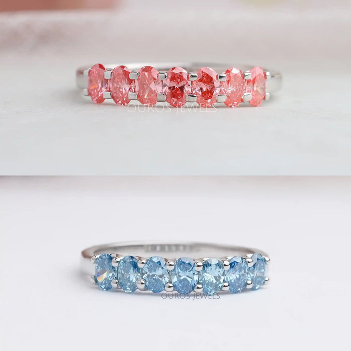 Pink and Blue Oval Seven Diamond Wedding Bands Ring