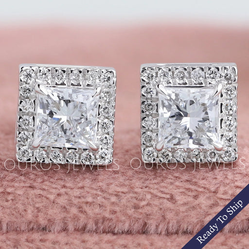 White Gold Princess Cut Lab Diamond Stud Earrings