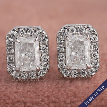 Radiant Cut Halo Diamond Stud Earrings