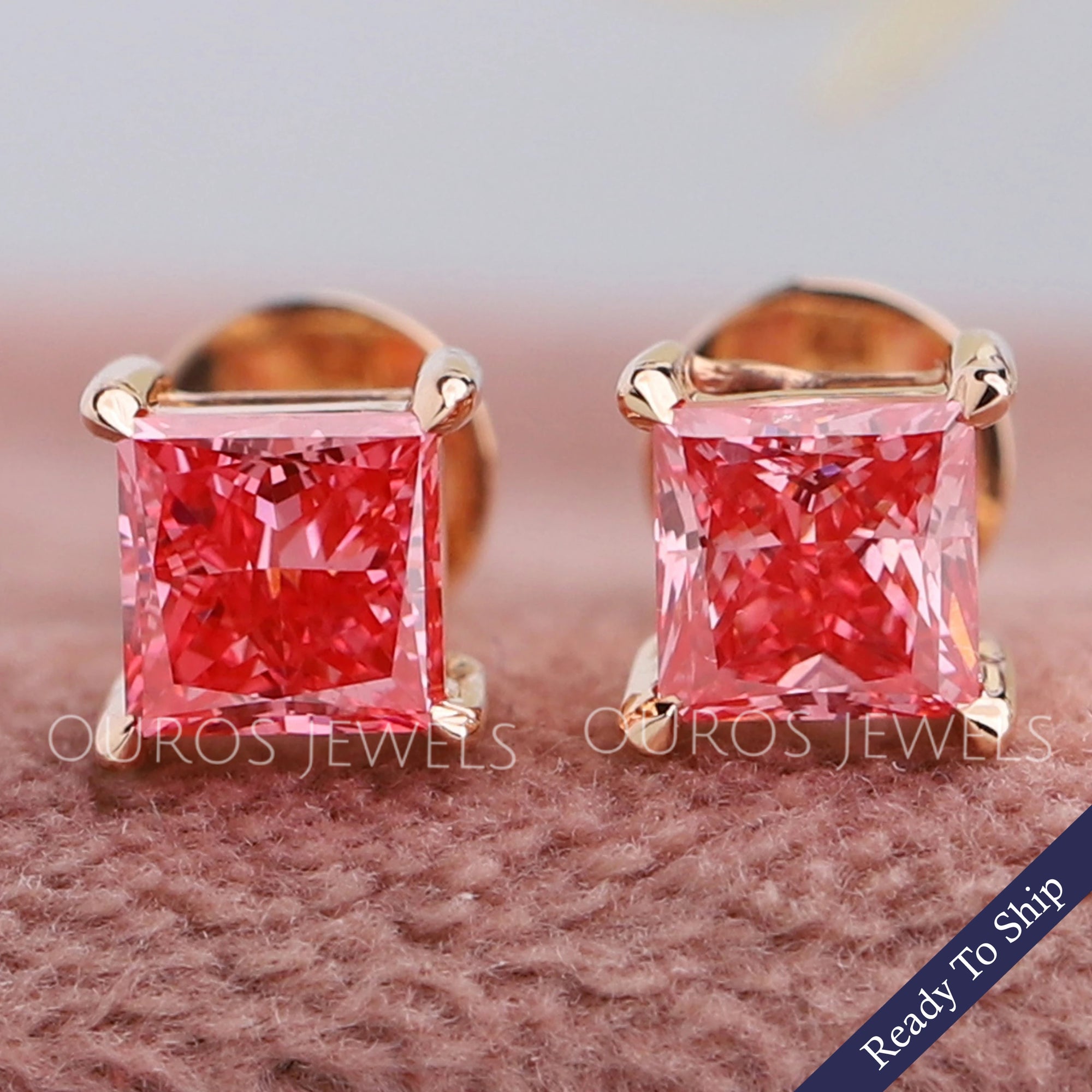 Pink Princess Cut Solitaire Stud Earrings