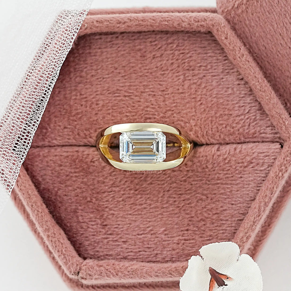 East West Emerald Diamond Cross Spilt Shank Ring Rings