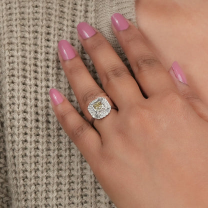 Yellow Cushion Cut Bezel Set Cluster Diamond Ring