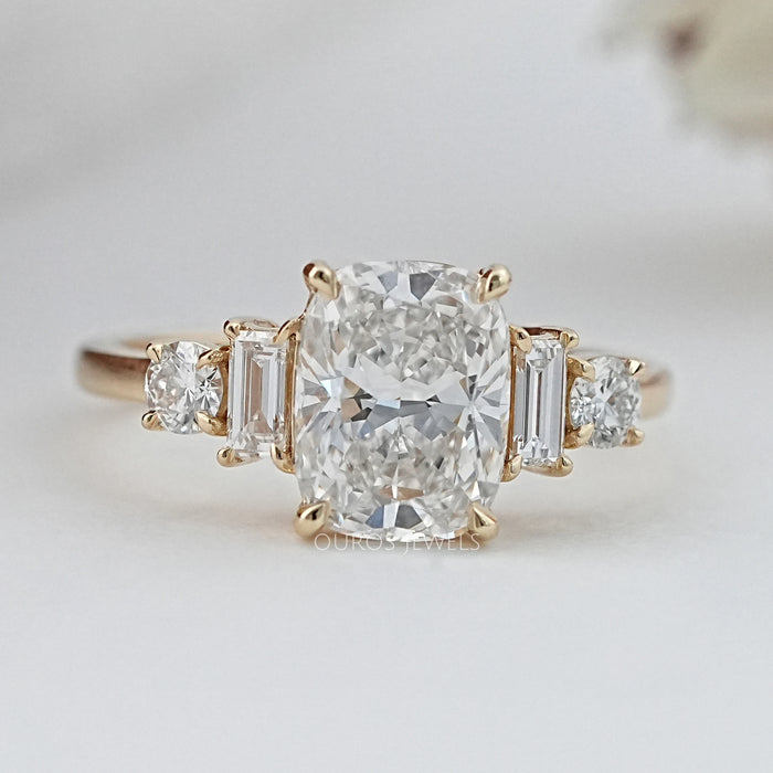 Elongated Cushion And Baguette Diamond Five Stone Engagement Ring Rings