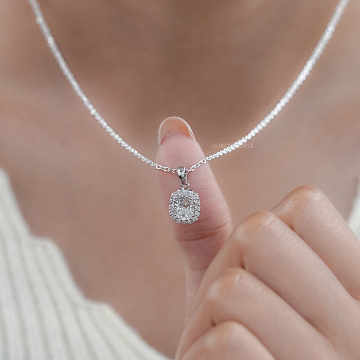Cushion Cut Lab Diamond Halo Pendant Necklaces