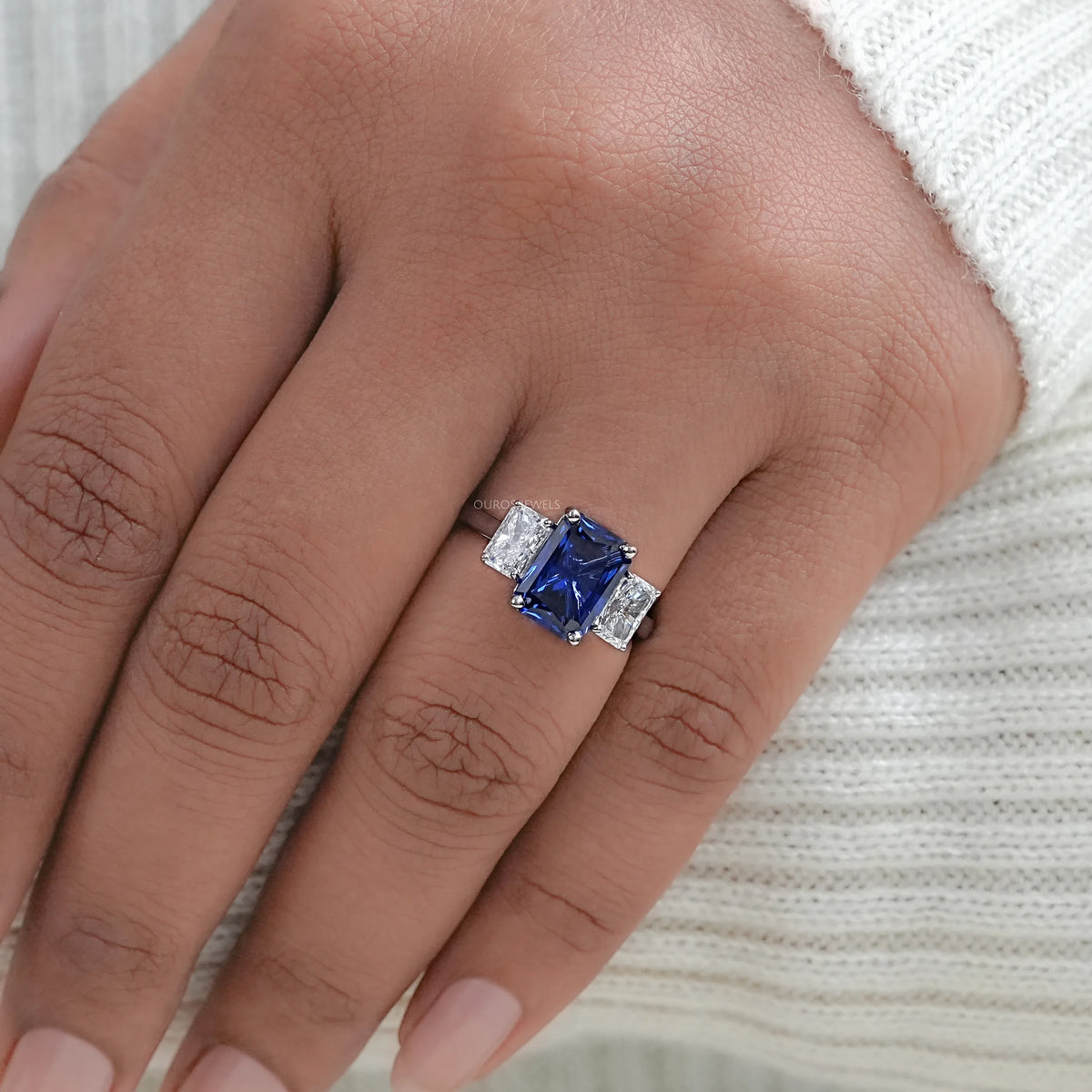 Sapphire Radiant And Lab Diamond Three Stone Ring Ring