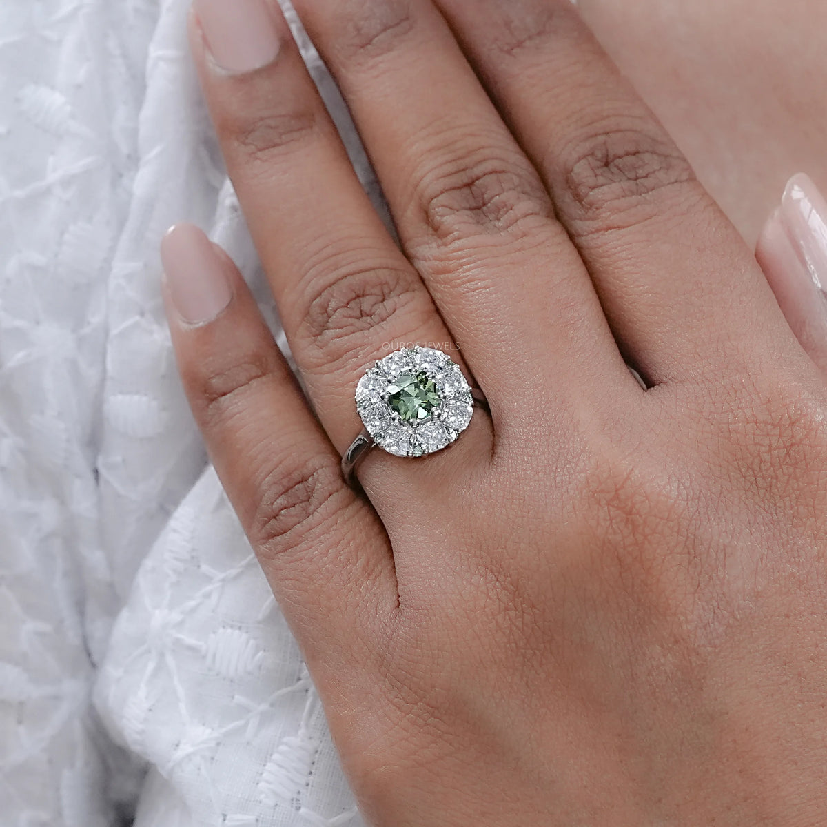 Green Cushion Diamond Halo Engagement Ring