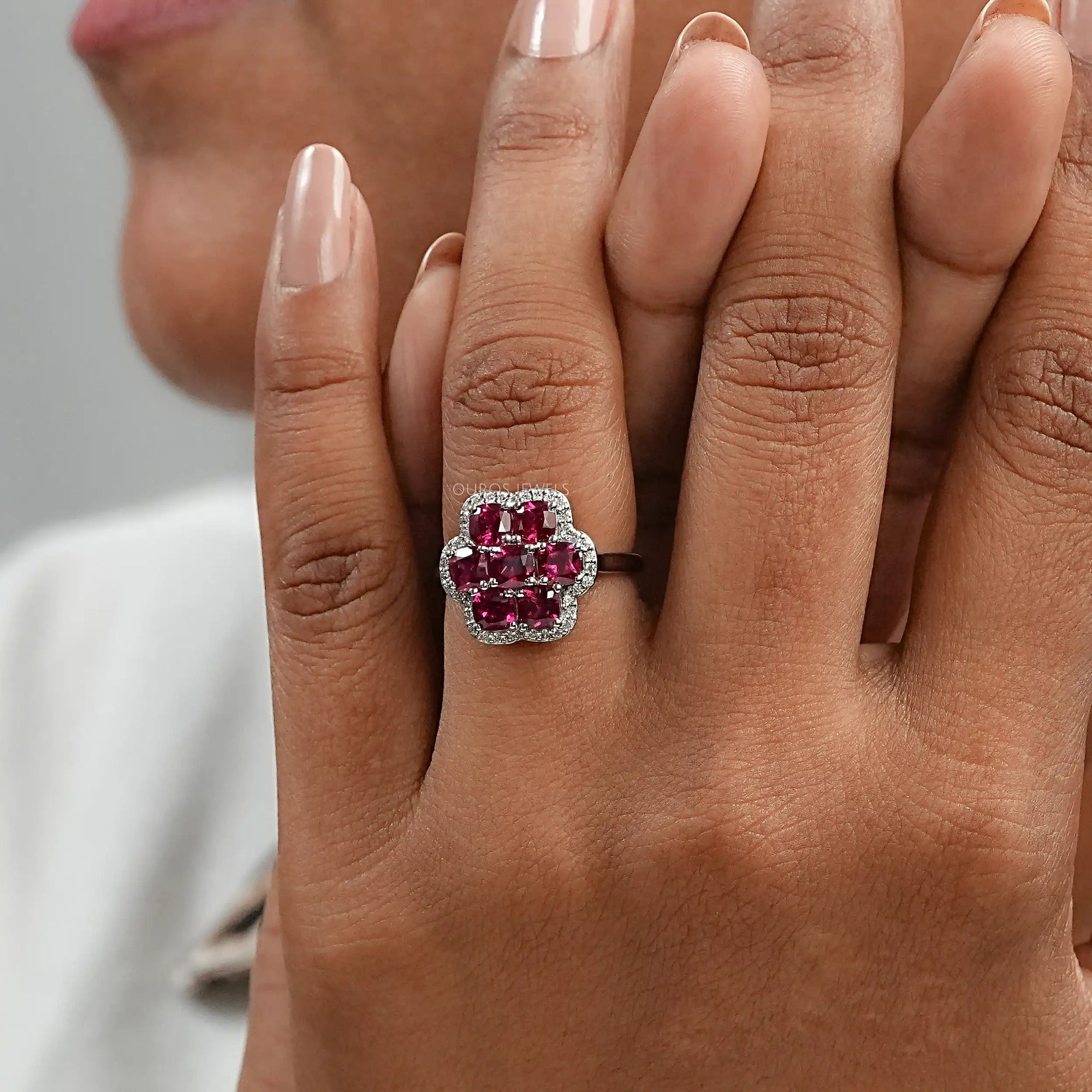 Red Ruby Cushion Shape Floral Halo Engagement Ring Ring