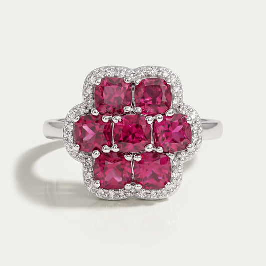 Red Ruby Cushion Shape Floral Halo Engagement Ring Ring