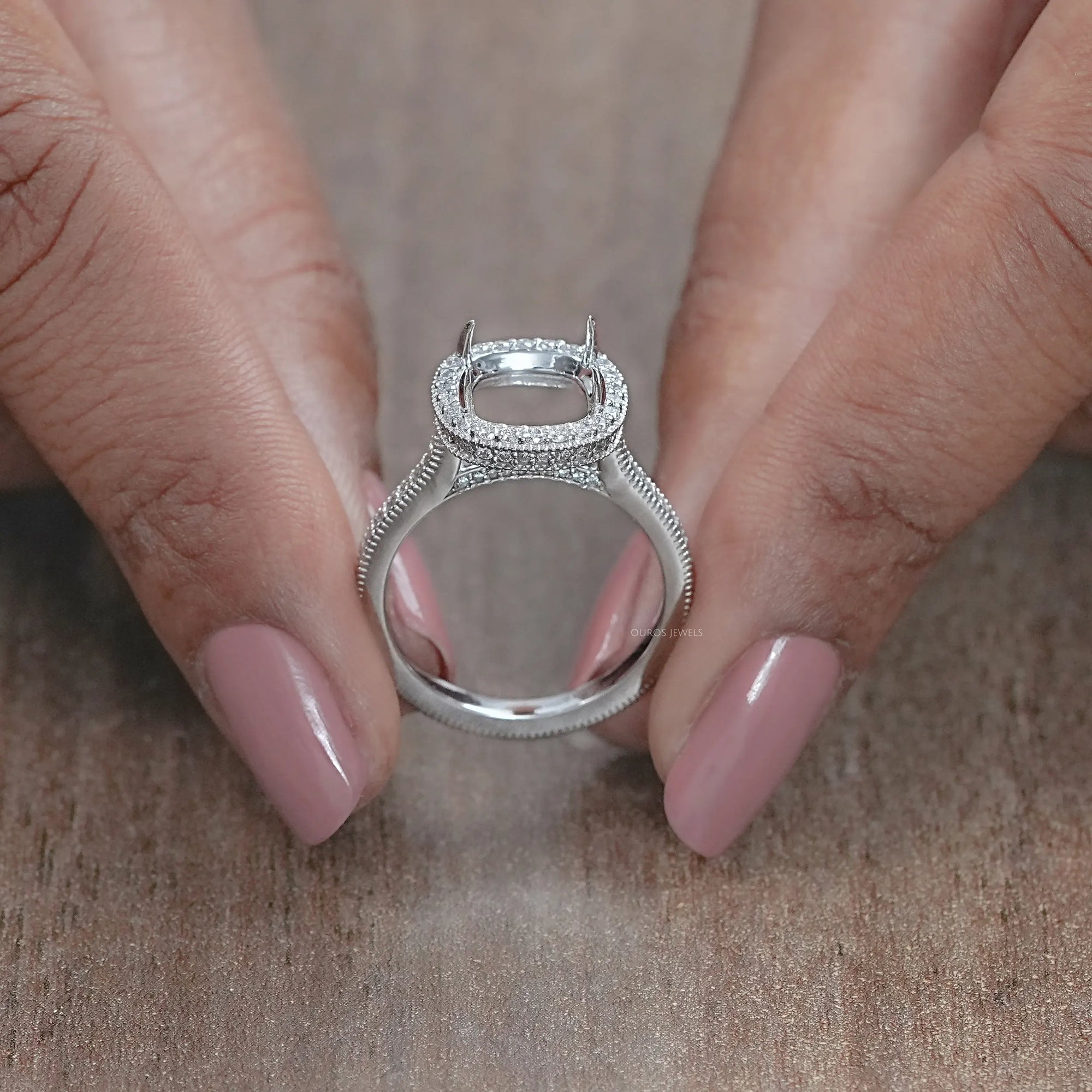 Cushion Shape Halo With Accent Semi mount Ring