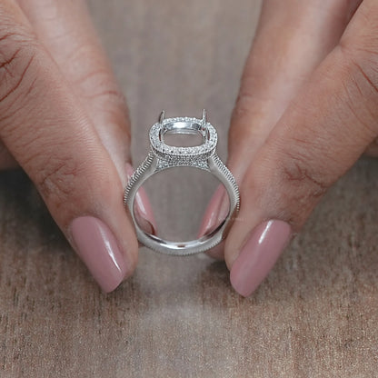 Cushion Shape Halo With Accent Semi mount Ring