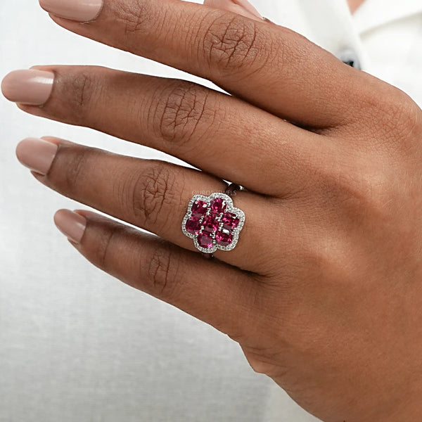 Red Ruby Cushion Shape Floral Halo Engagement Ring