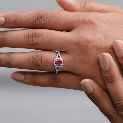Cushion Cut Red Ruby Split Shank Halo Engagement Ring Ring