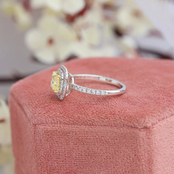 Yellow Cushion Cut Double Halo Solitaire Engagement Ring
