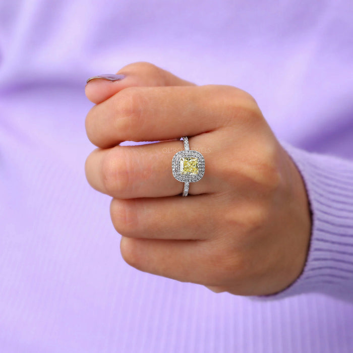 Yellow Cushion Cut Double Halo Solitaire Engagement Ring