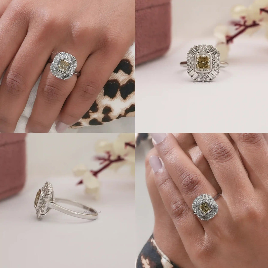 Yellow Cushion Cut Lab Diamond Bezel Set Cluster Ring Ring