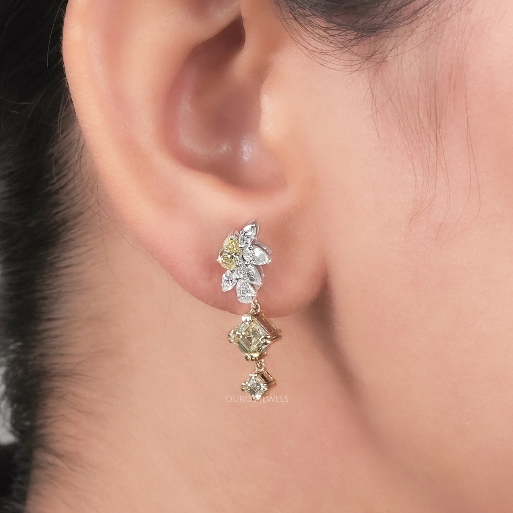 Yellow Asscher And Pear Lab Diamond Drop Earrings Earrings