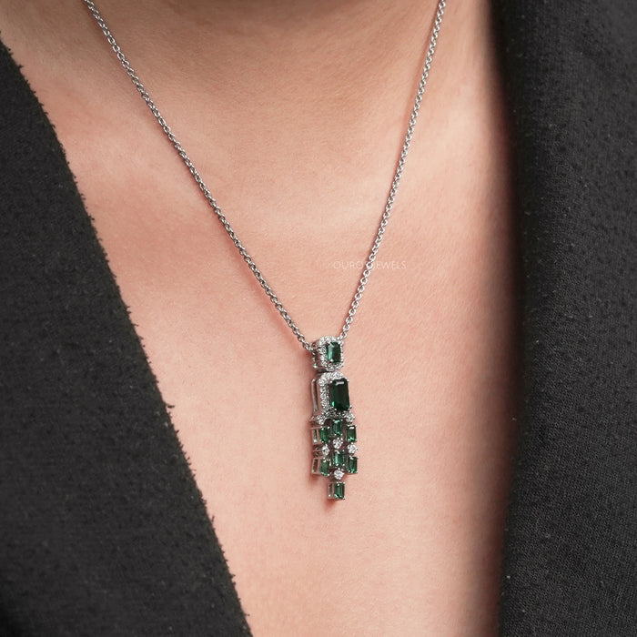 Green Emerald Gemstone Halo Chandelier Pendant Necklaces