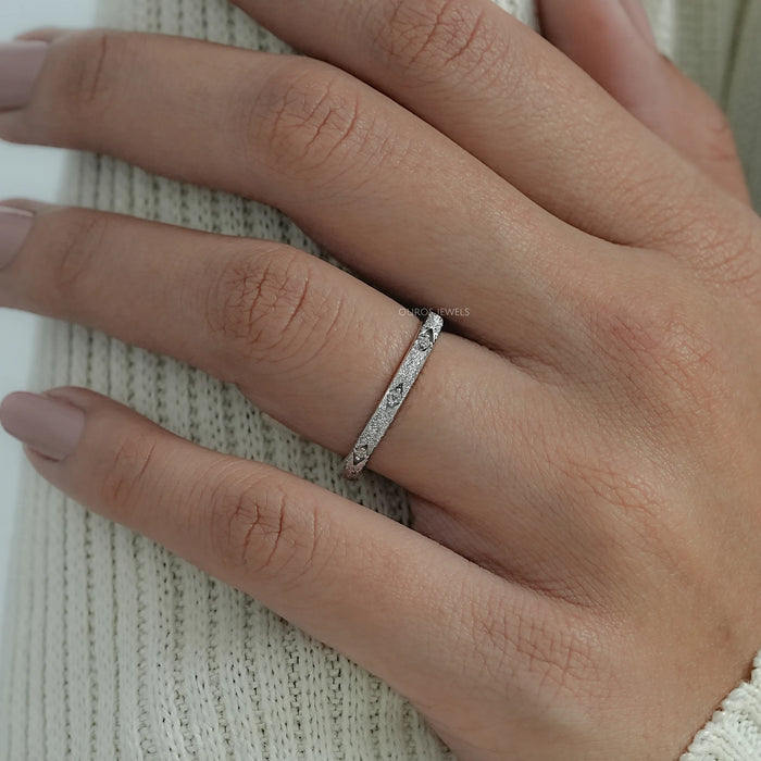 Textured Finish Dainty Diamond Wedding Band Ring