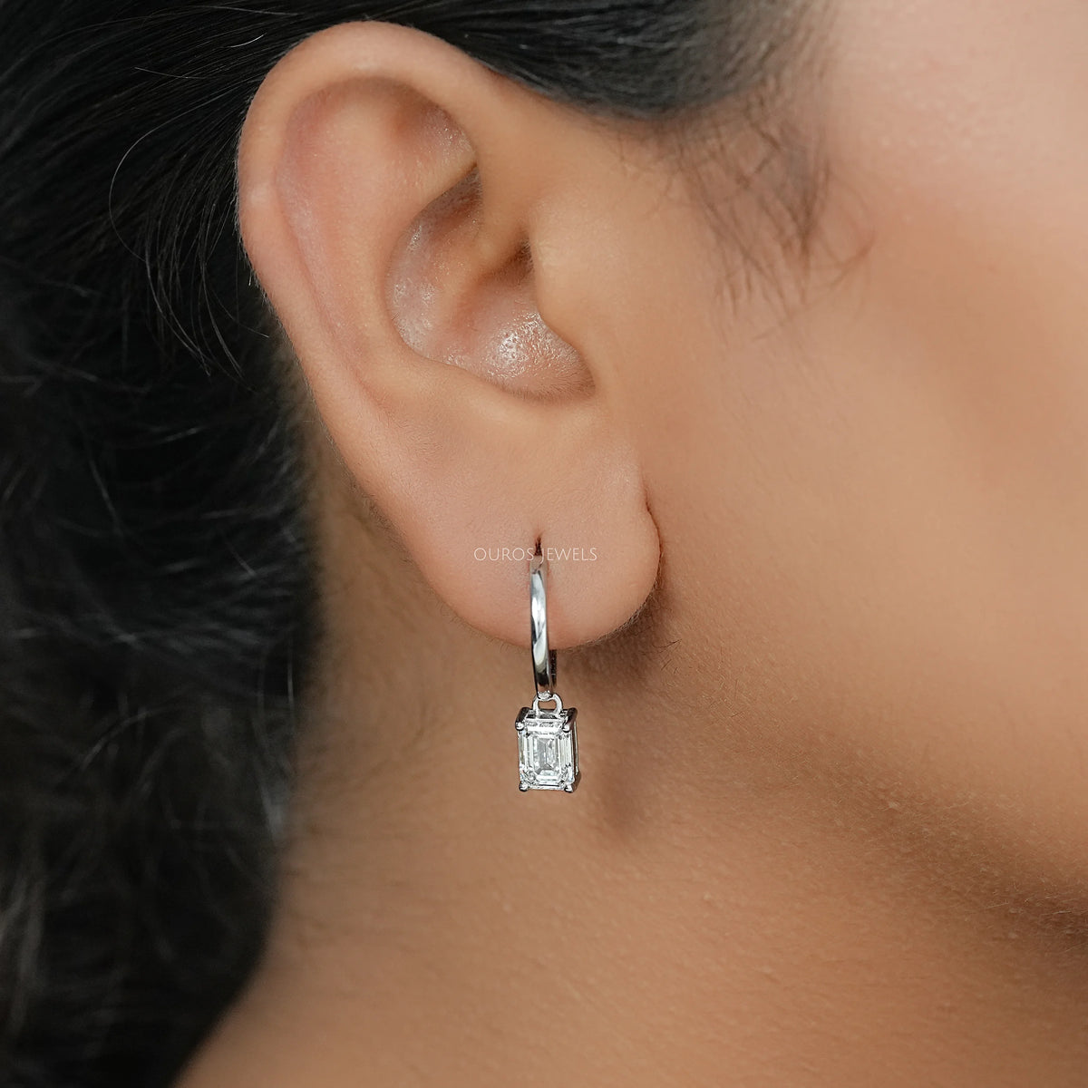 Emerald Lab Diamond Dangle Hoop Earrings