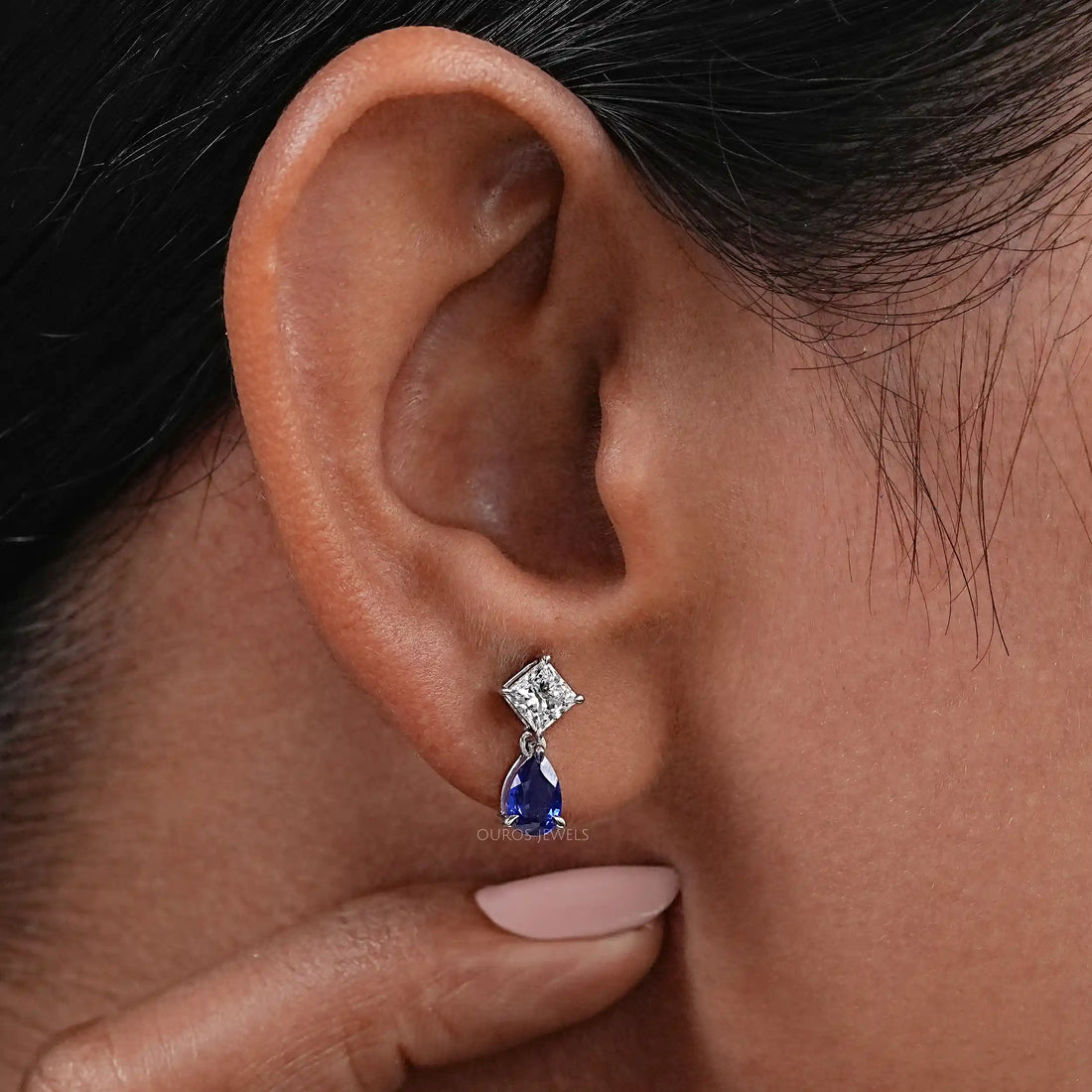 Pear Sapphire And Princess Diamond Two Stone Earrings