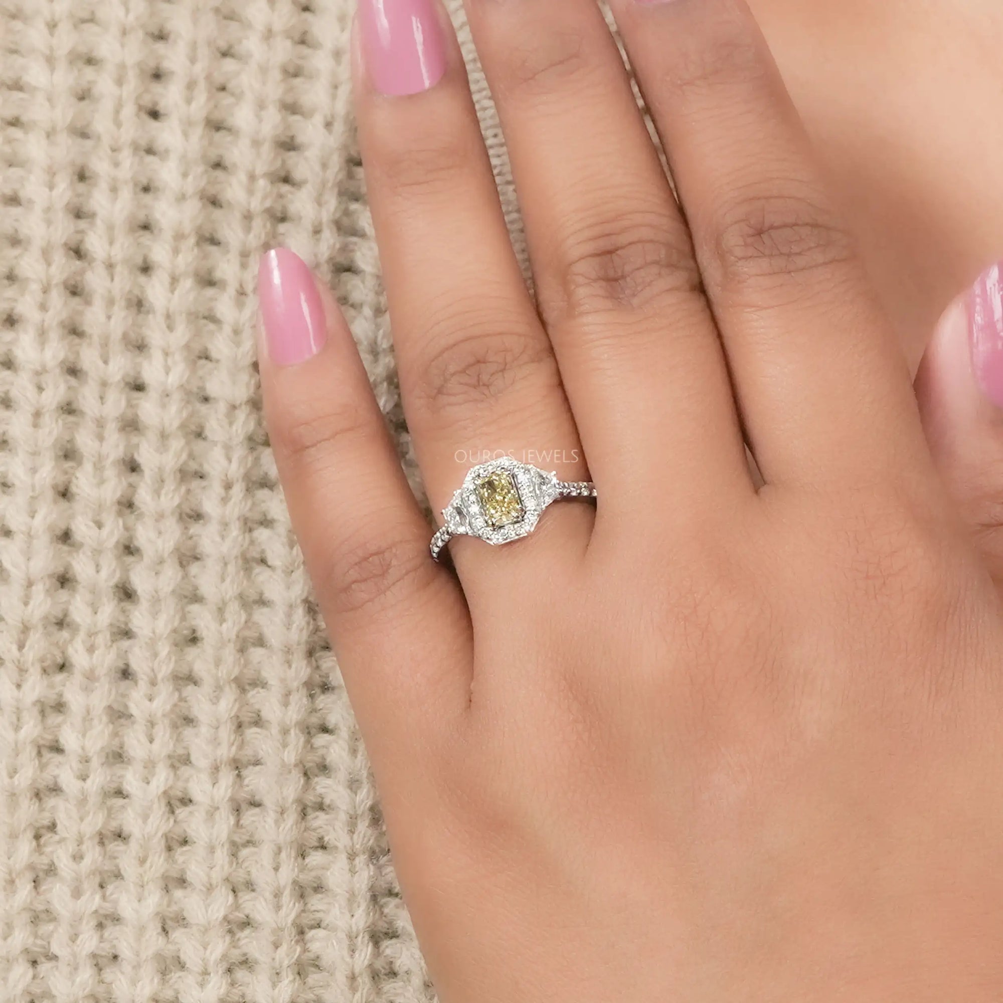 Yellow Radiant Cut Halo Three Stone Engagement Ring