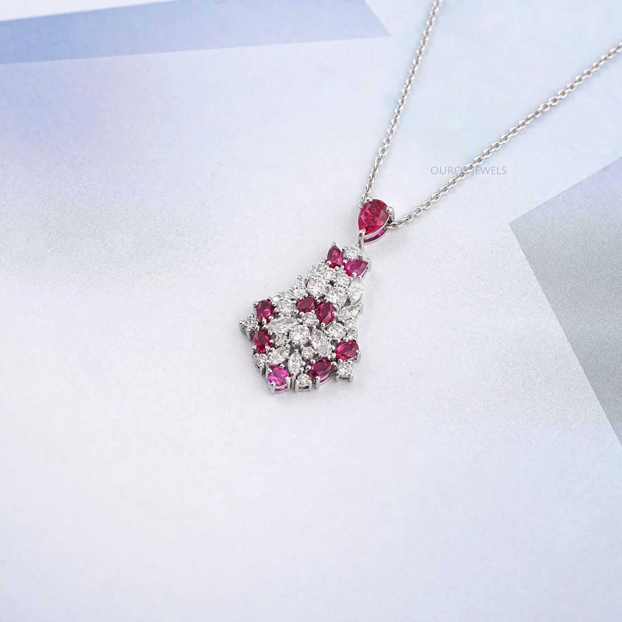 Cluster Diamond And Ruby Pendant Necklaces