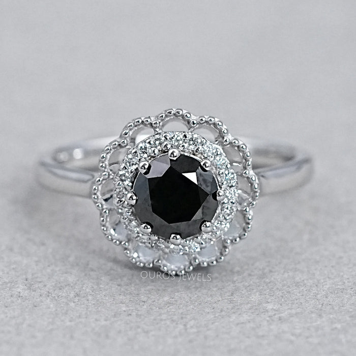 Double Halo Round Shape Black Diamond Engagement Ring Rings
