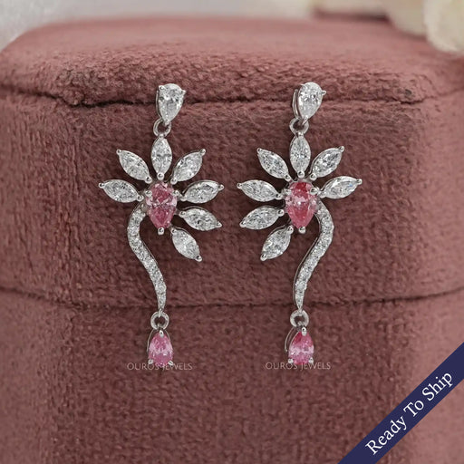 Pink Pear And Marquise Diamond Flower Drop Earrings Earrings