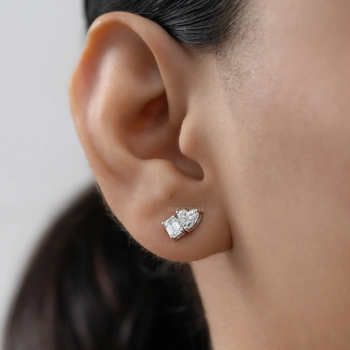 Heart And Emerald Diamond Minimal Two Stone Studs
