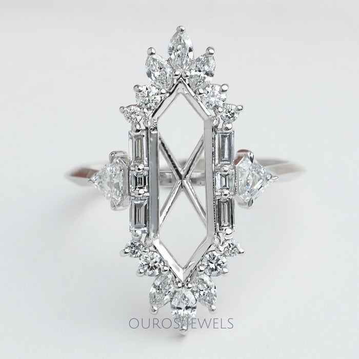 Dutch Marquise Cut Lab Semi Mount Cluster Halo Diamond Ring