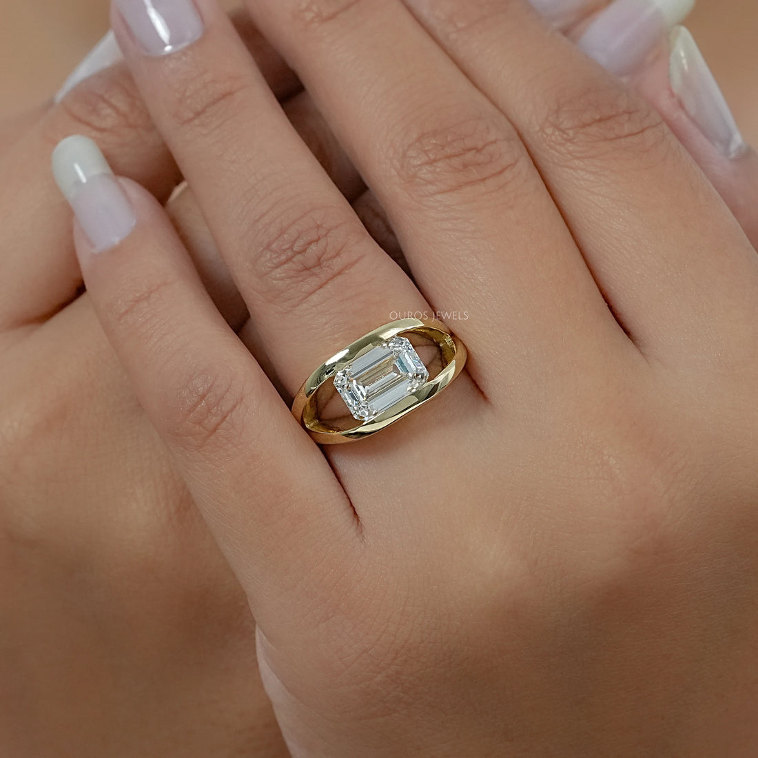 East West Emerald Diamond Cross Spilt Shank Ring Rings