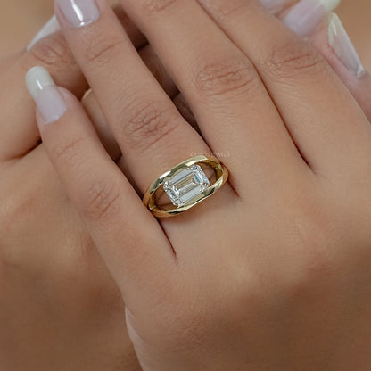 East West Emerald Diamond Cross Spilt Shank Ring Rings