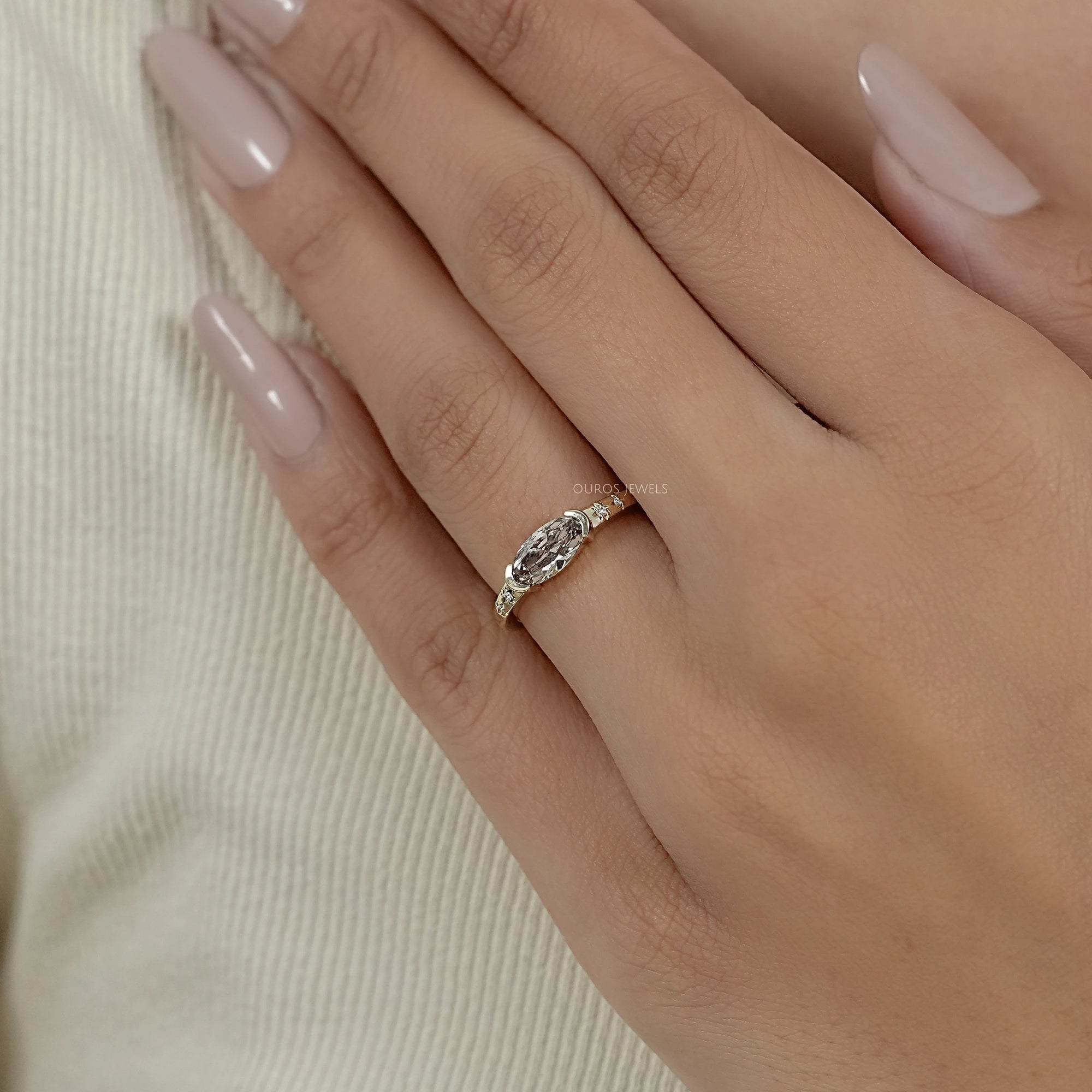 Champagne East West Old Mine Moval Half Bezel Accent Ring Rings