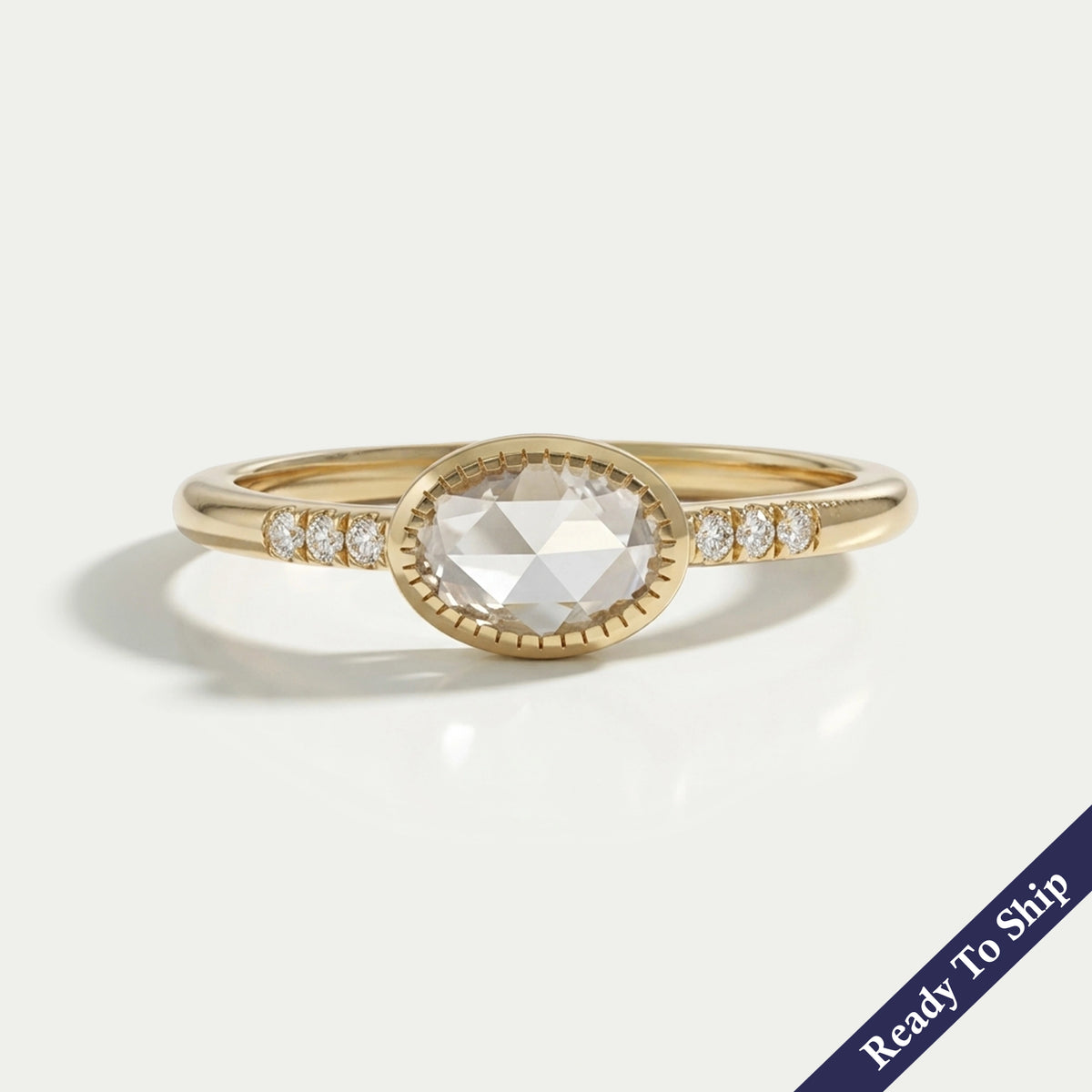 East West Rose Cut Oval Diamond Milgrain Accent Ring