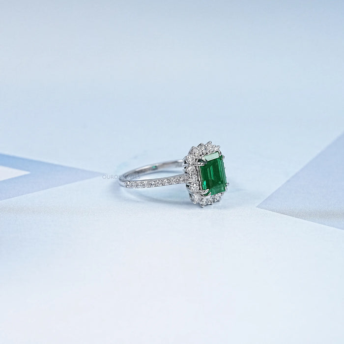 Halo With Accent Diamond Green Emerald Gemstone Ring Rings