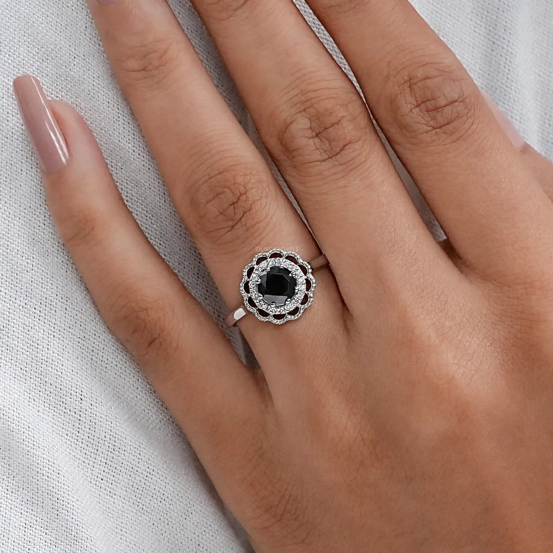 Double Halo Round Shape Black Diamond Engagement Ring Rings