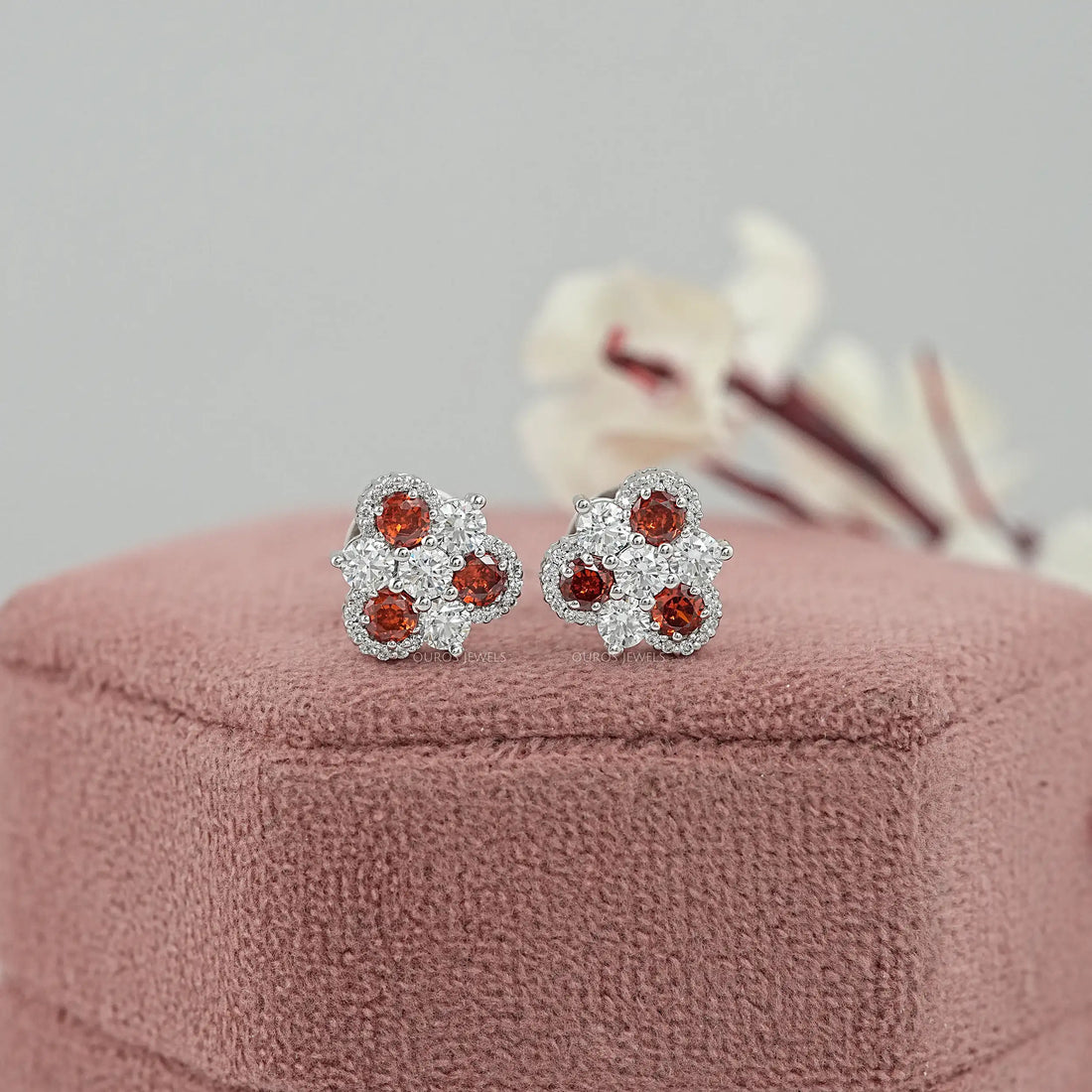 Red Ruby Three Stone Stud Earring