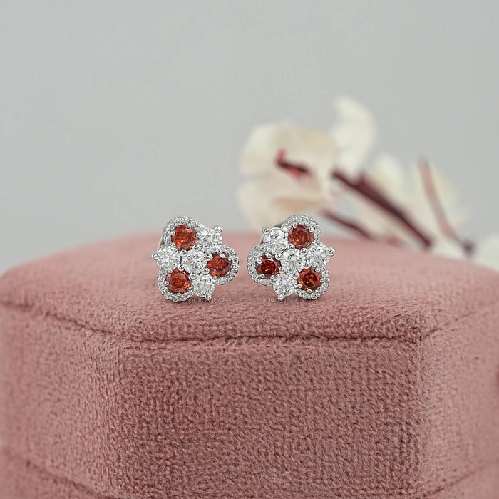 Red Ruby Three Stone Stud Earring